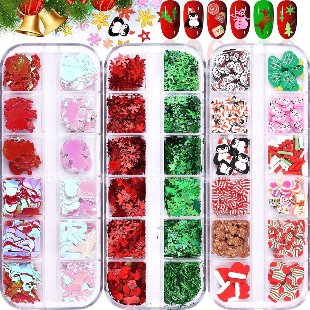 36 Grids Christmas Nail Art Sequins, Holographic Snowflakes Santa Claus Snowman